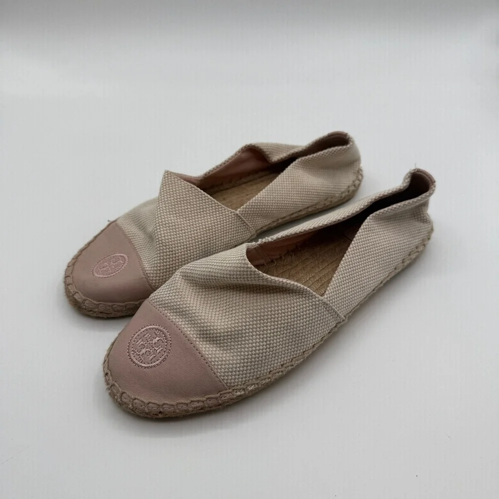 Tory Burch Espadrilles Women 8 Beige Pink Leather Logo Toe Cap Flat Slip On Shoe